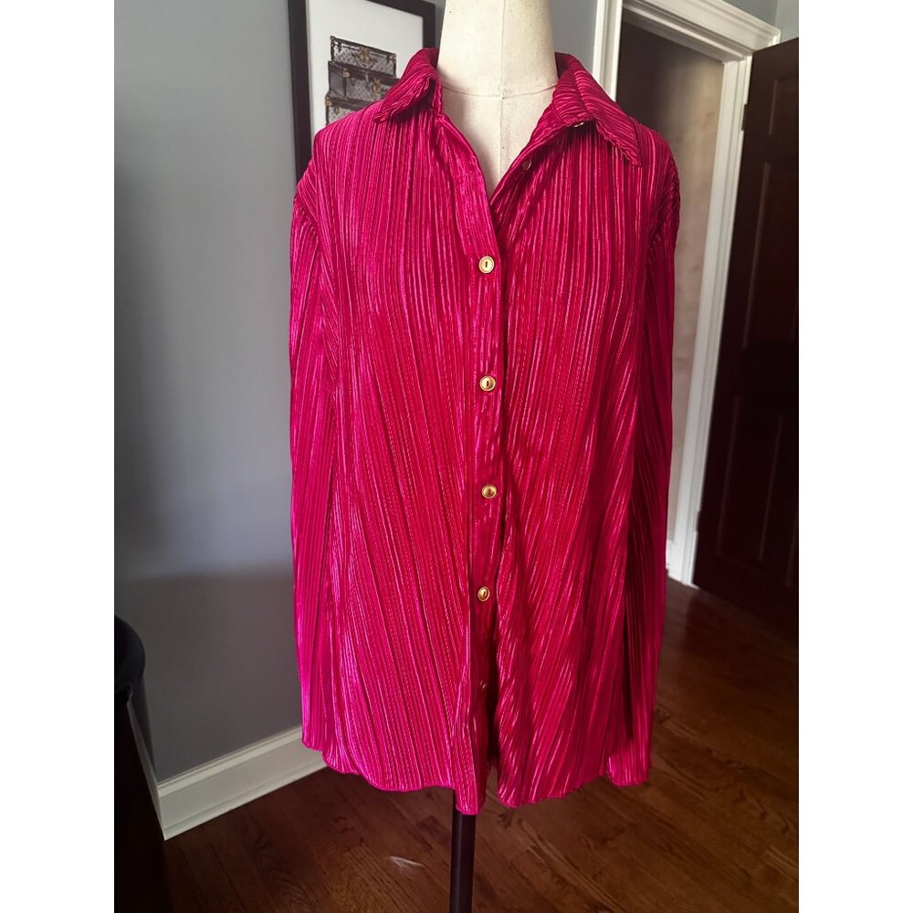 Fair Haven Blouse Sz L Pink Gold Crinkle Pleated Shiney Tunic Top